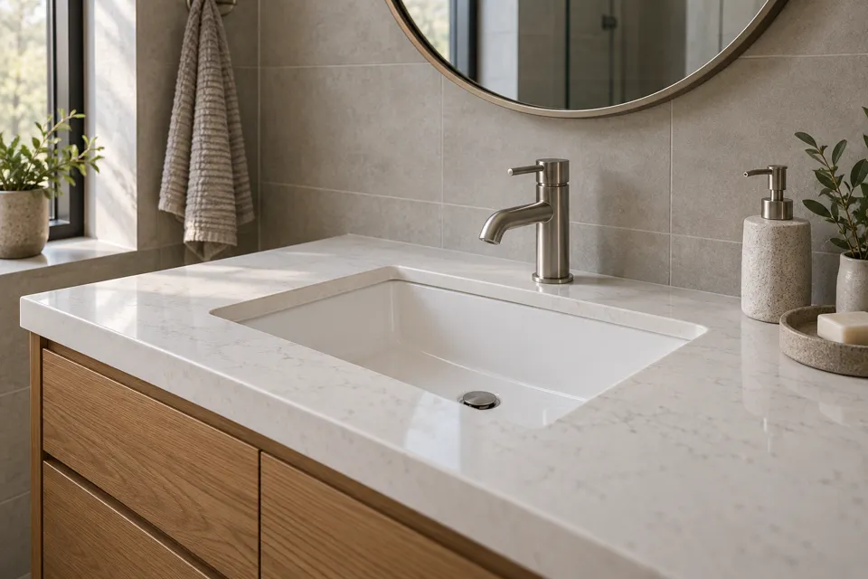 Illustrative bathroom with a calm neutral palette