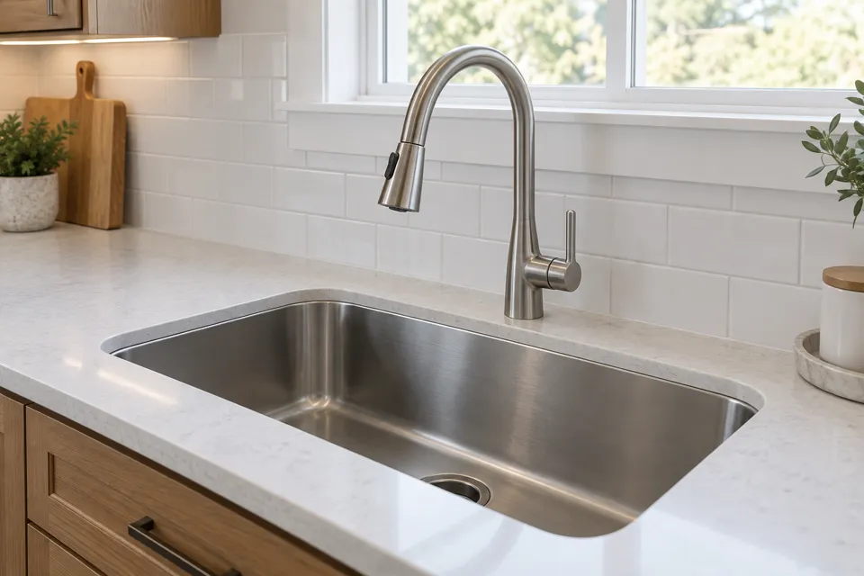 Illustrative kitchen sink and modern faucet