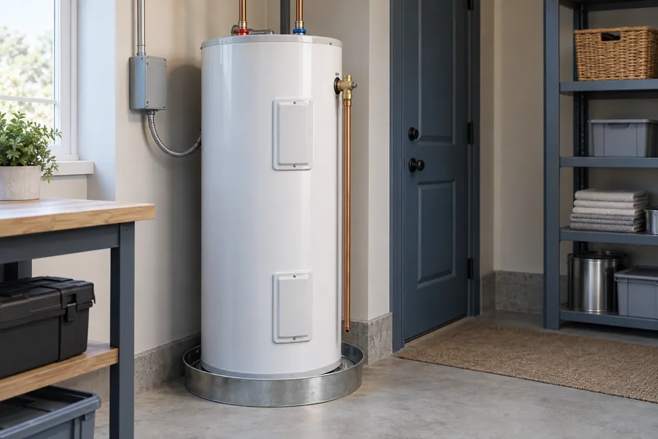 Illustrative electric water heater in a utility room