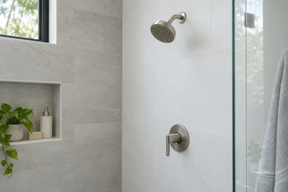 Illustrative shower fittings in a modern bathroom