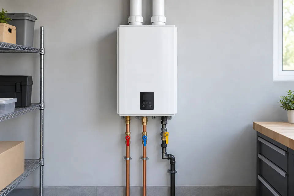 AI-generated illustrative tankless water heating scene